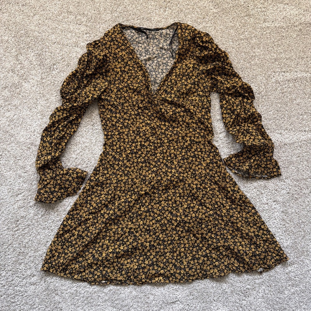 Zara Women's Floral Mini Dress Black Yellow Puff Sleeve Wrap Boho Size Medium